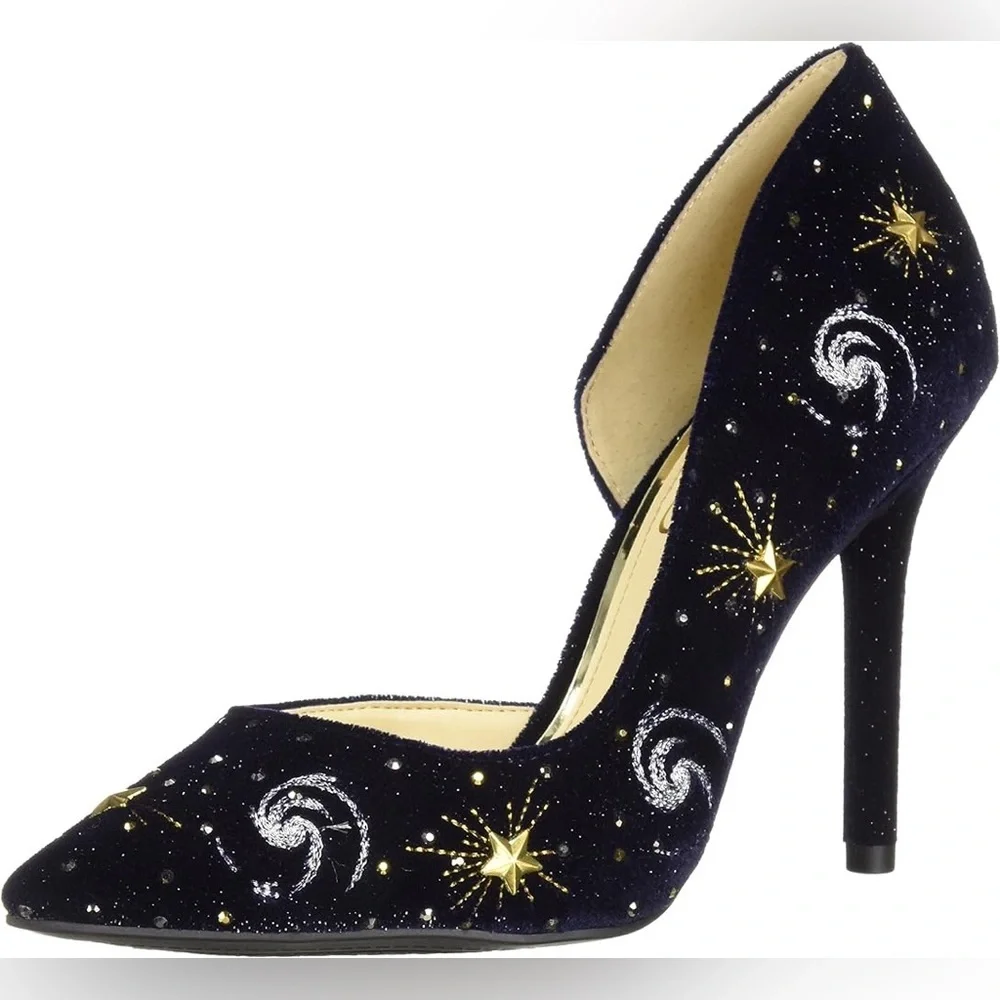 Velvet Navy Embroidered Pointed Toe Stiletto Pump